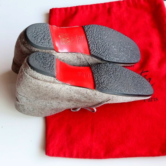 Christian Louboutin Grey Pony Hair Lace-Up Boots Designer Red Sole Ankle Booties - Picture 14 of 16